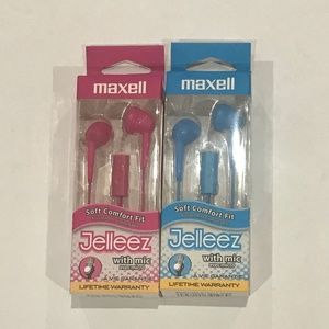 NWT 2 Pairs Maxell Jelleez Earphones w. Microphone in Pink & Blue